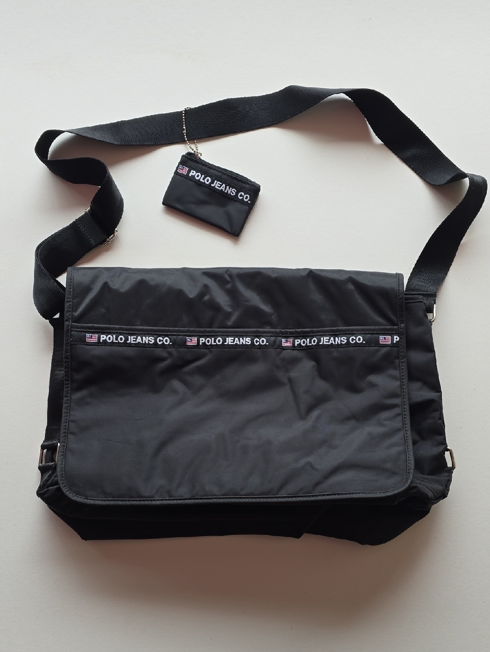 Ralph Lauren Polo Jeans Co Black Nylon RARE Y2K Messenger Bag w/ Coin Purse